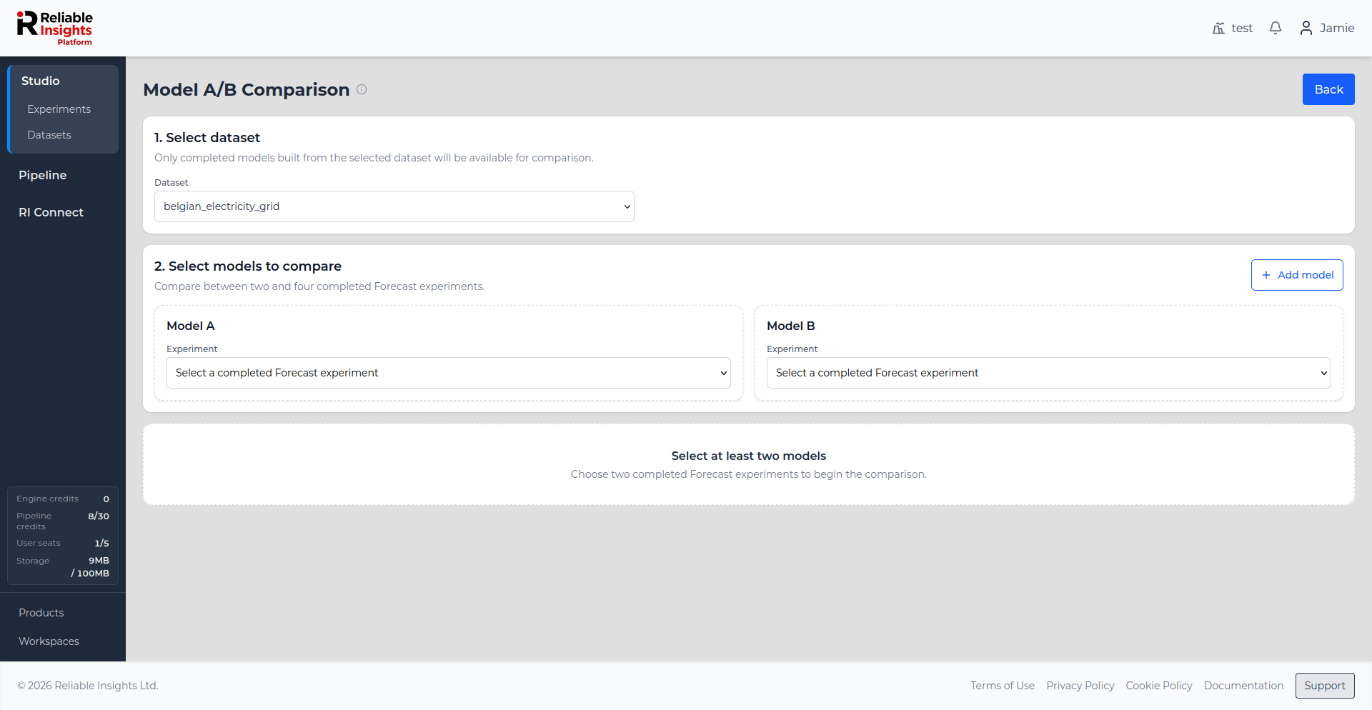 Model comparison page showing fields for selecting completed models.