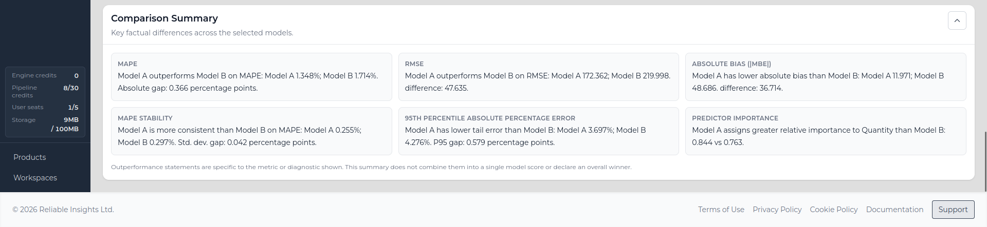 Comparison Summary showing differences between two selected models.