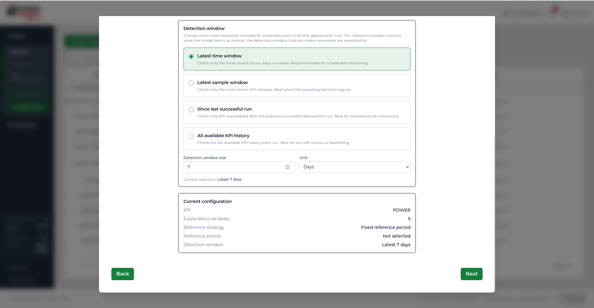 Create Deployment Anomaly Detection step showing detection window options.