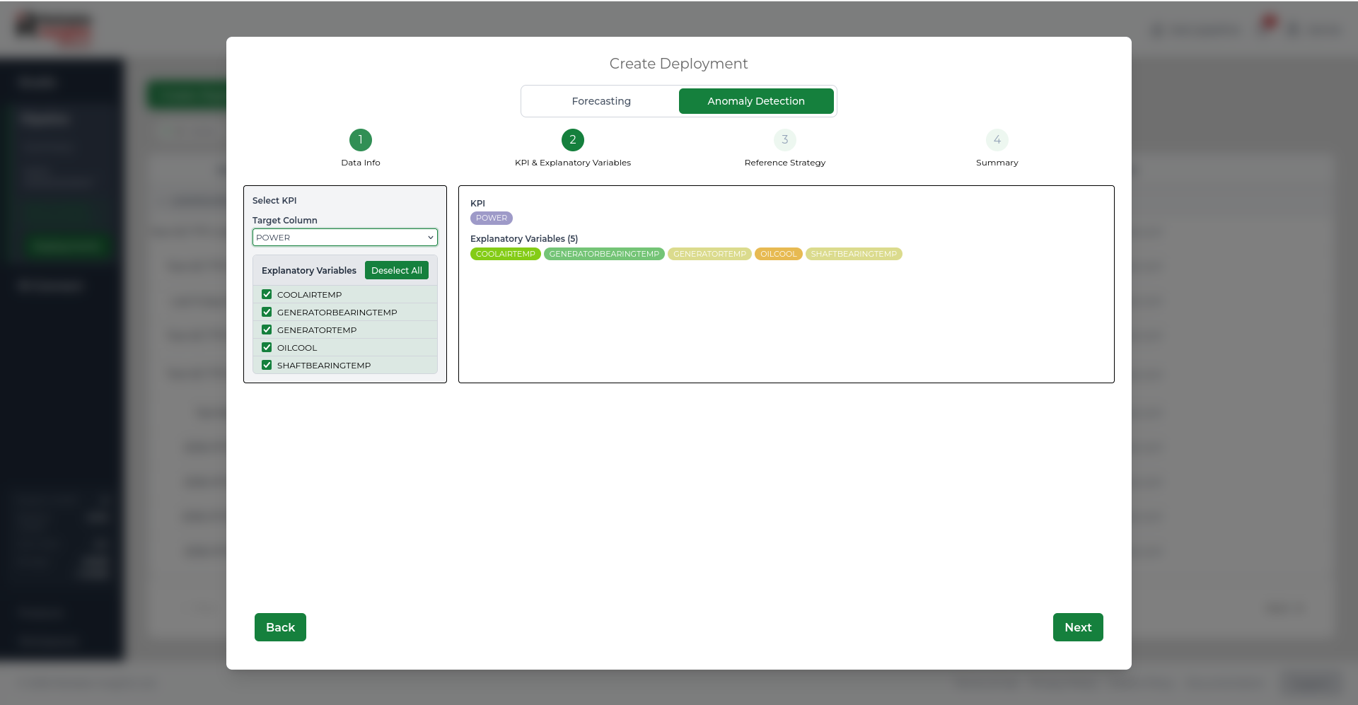 Create Deployment Anomaly Detection step showing KPI and explanatory variable selection.