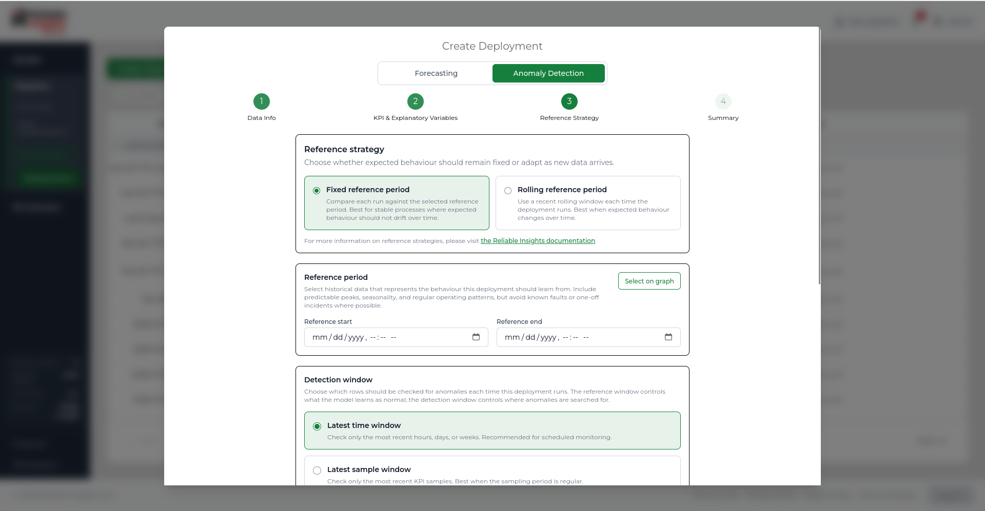 Create Deployment Anomaly Detection step showing fixed and rolling reference strategy options.