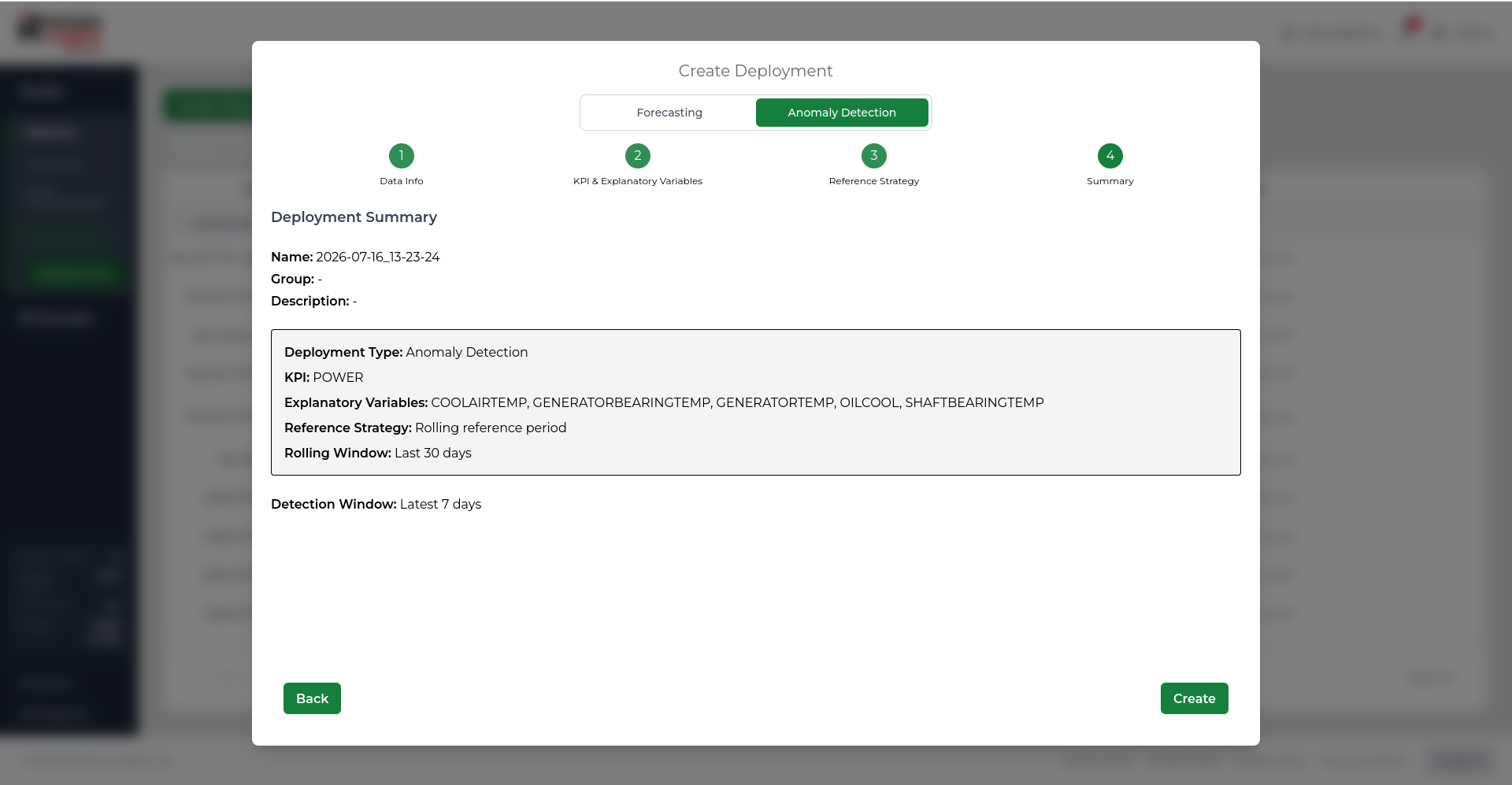 Create Deployment Anomaly Detection summary step.