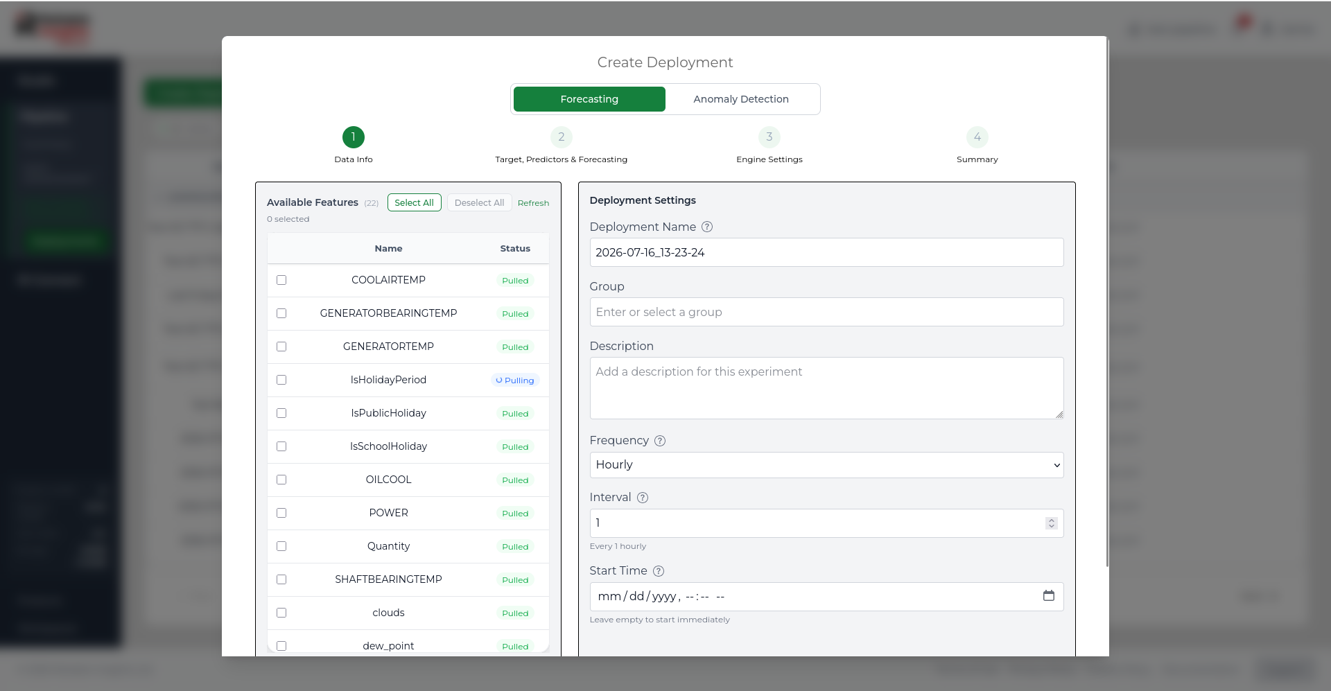 Create Deployment popup showing the Forecasting and Anomaly Detection deployment type options.