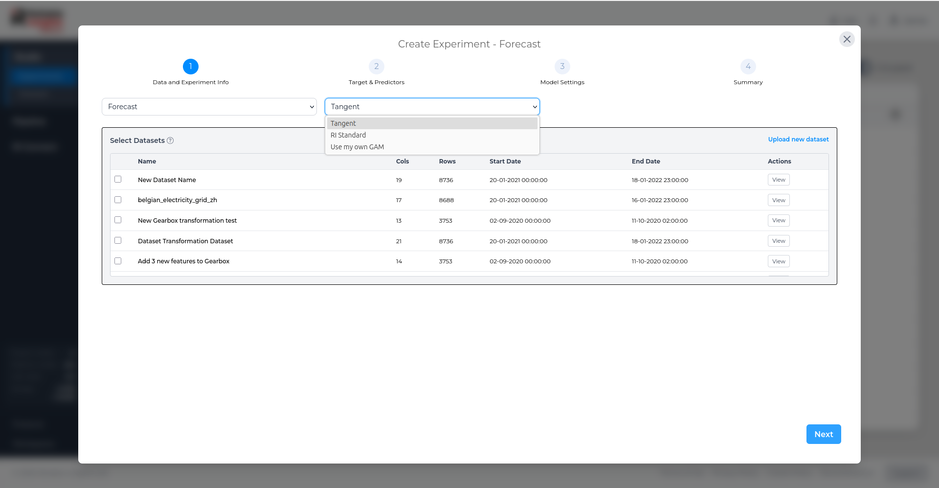 Create Experiment popup showing the modelling approach dropdown with Tangent, RI Standard, and Use my own GAM.