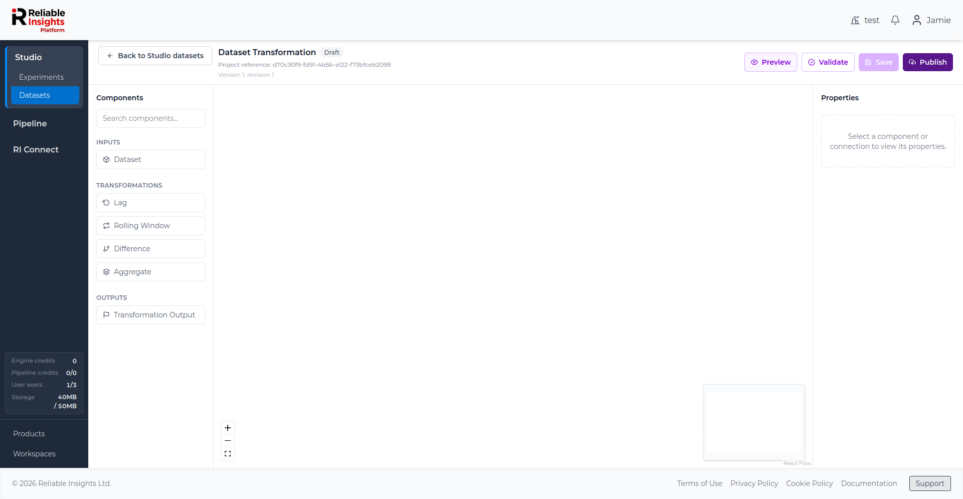 Dataset Transformation editor with the component panel, canvas, and properties panel.