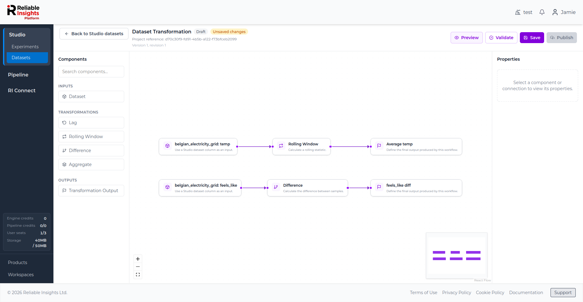 Dataset Transformation workflow with multiple branches and multiple Transformation Output components.