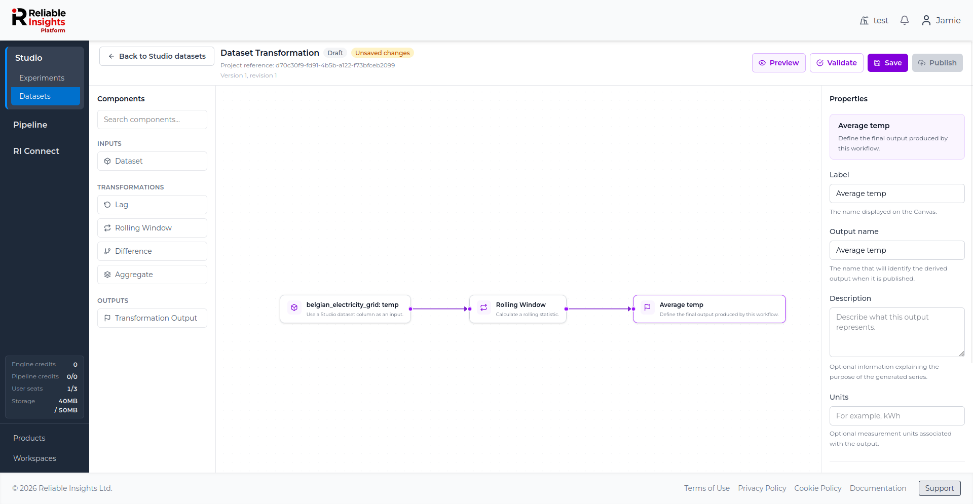 Transformation workflow ending with a Transformation Output component.