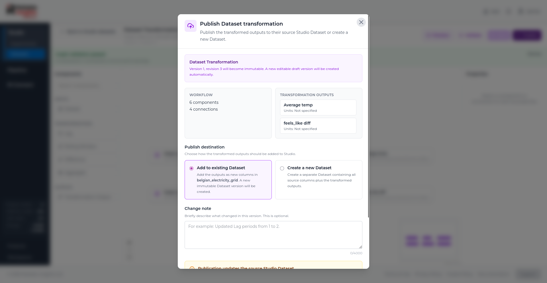 Publish Dataset Transformation modal with Add to existing Dataset selected.