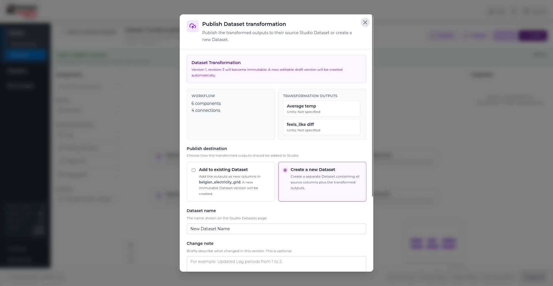 Publish Dataset Transformation modal with Create a new Dataset selected.