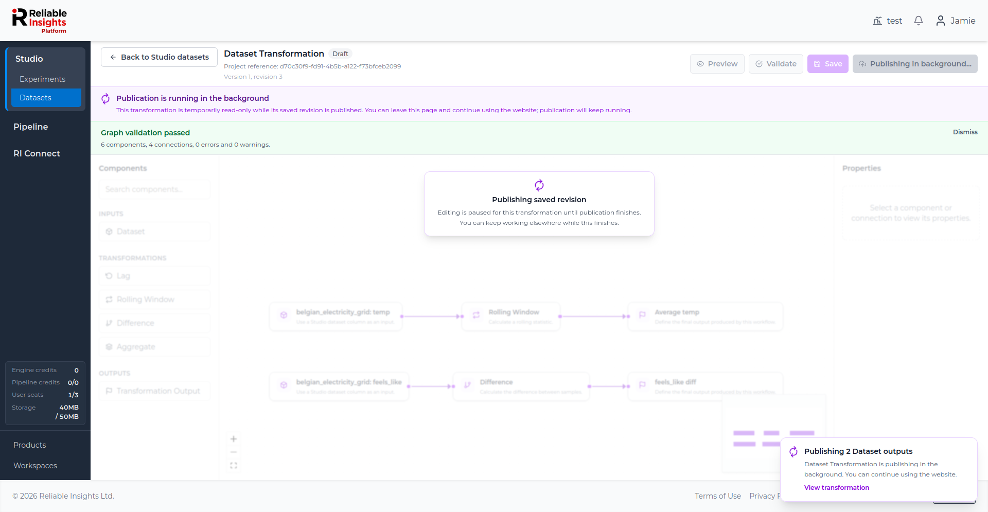 Dataset Transformation editor showing that publication is running in the background.