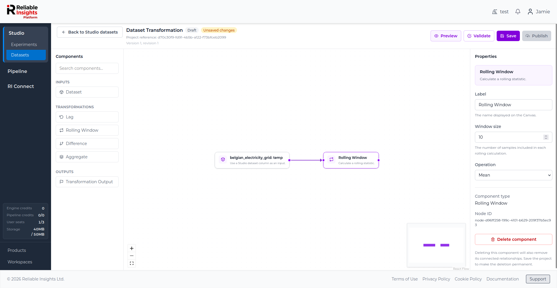 Dataset input connected to a Rolling Window transformation component.