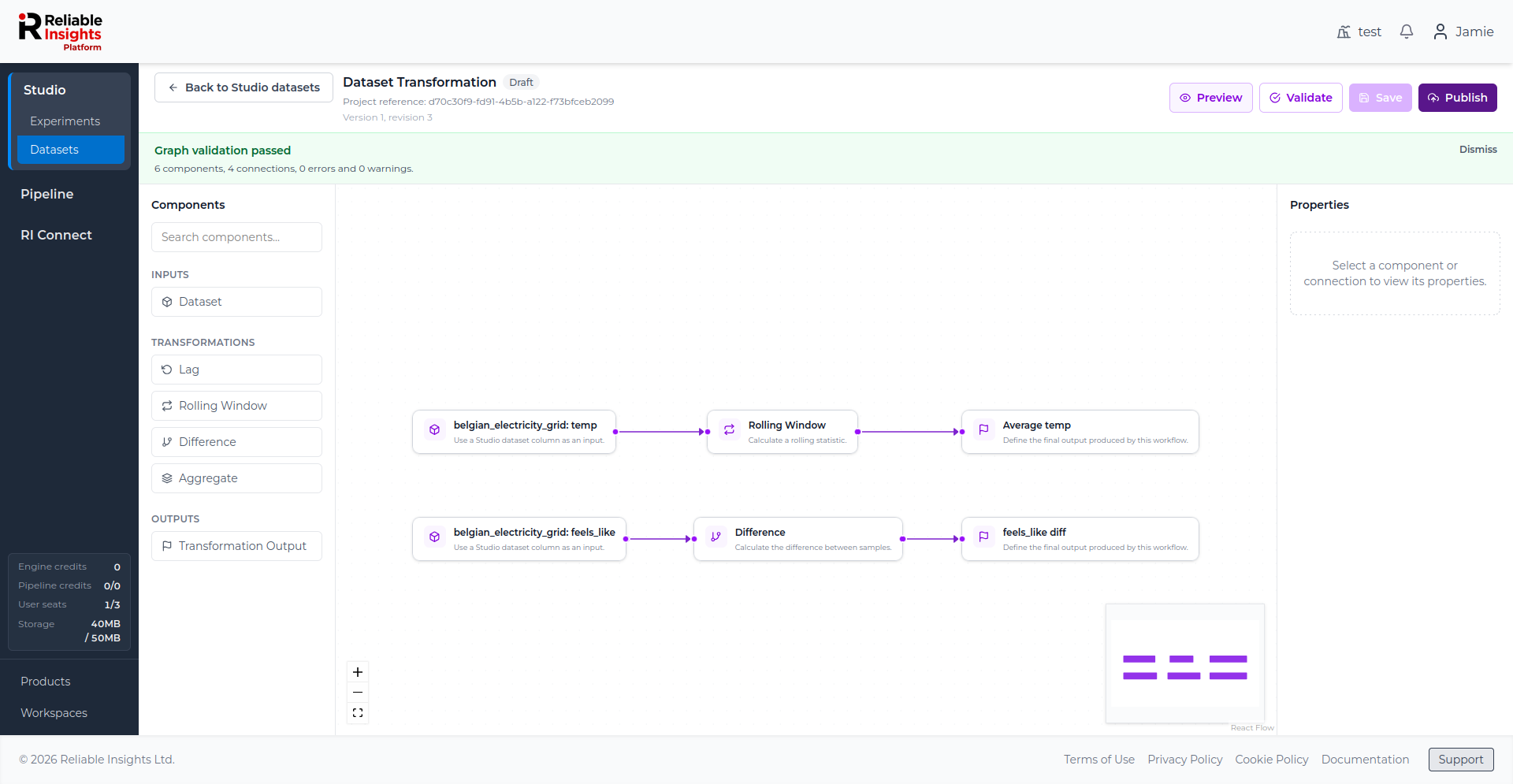 Dataset Transformation editor showing a graph validation passed message.