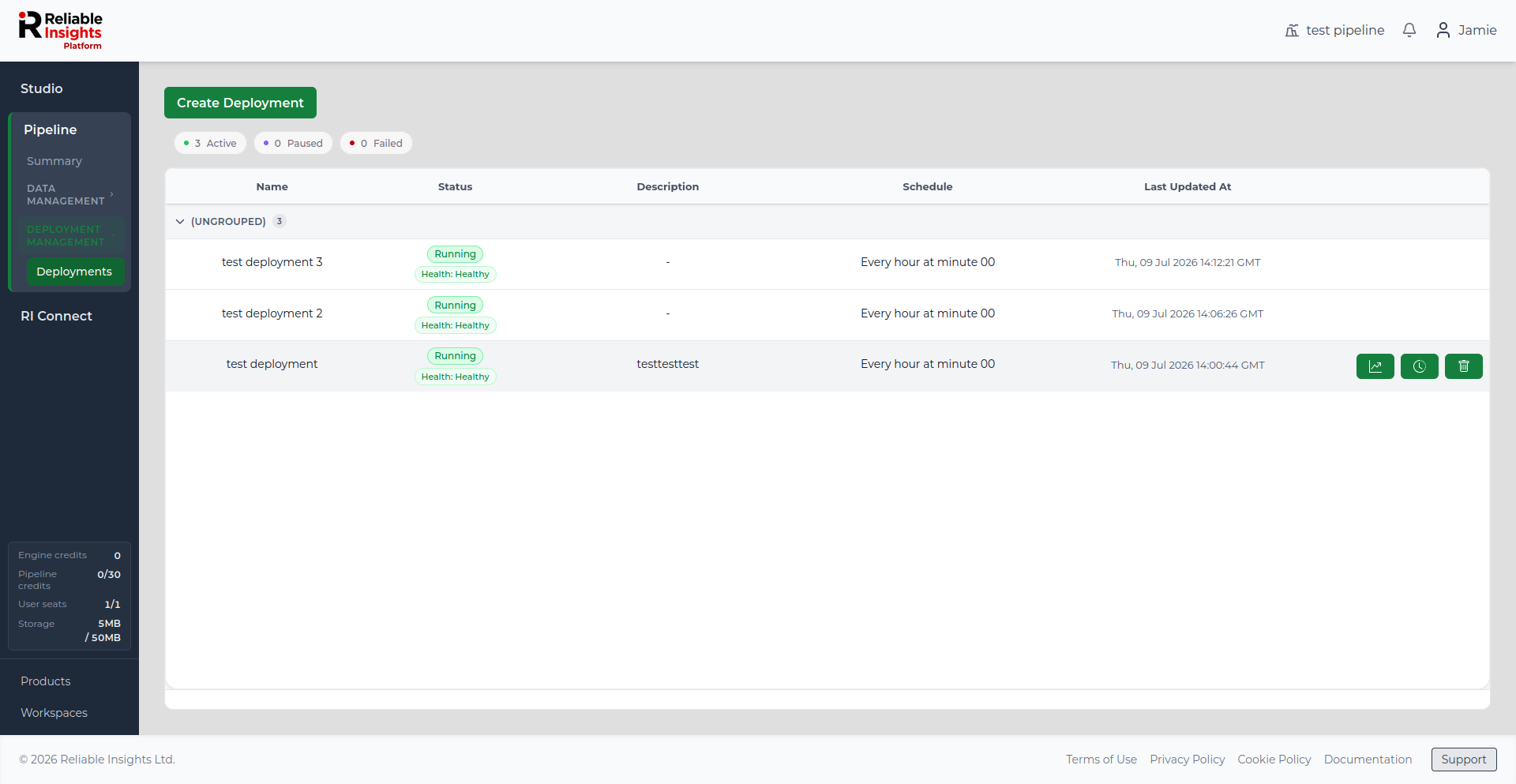 Deployments table showing actions for viewing latest results, historic results, and deleting a deployment.