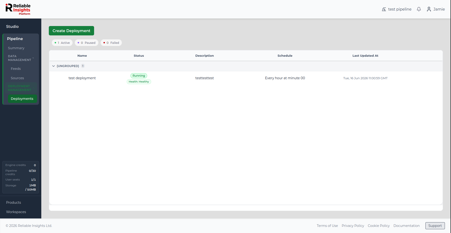 Deployments page showing a running deployment.