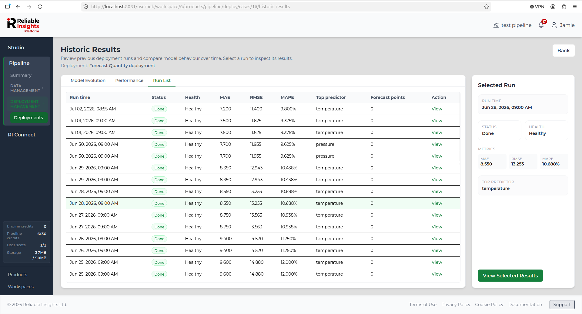 Historic Results page showing a table of previous deployment runs and a selected run summary.