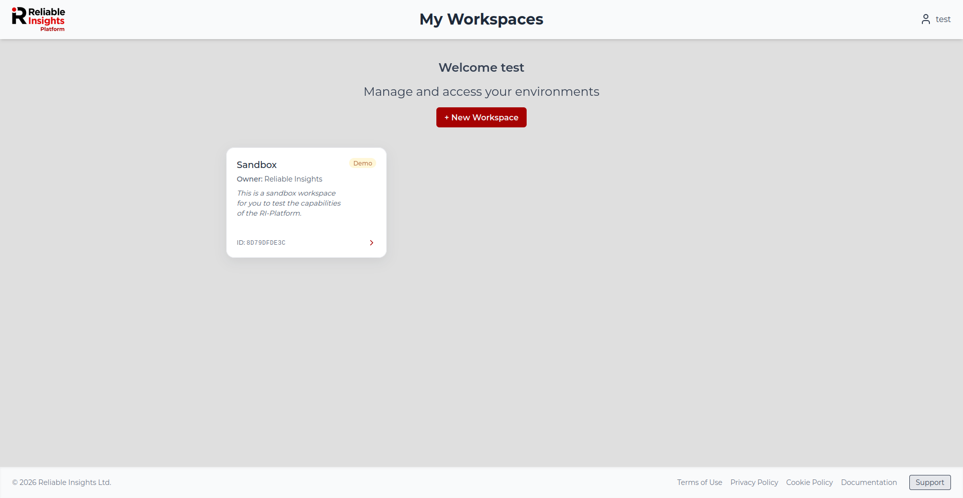 Sandbox workspace in the user hub.