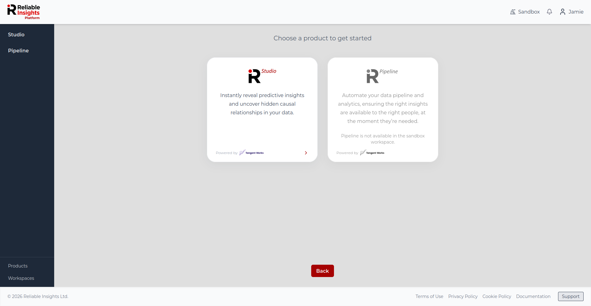 Product selection screen for the Sandbox workspace.