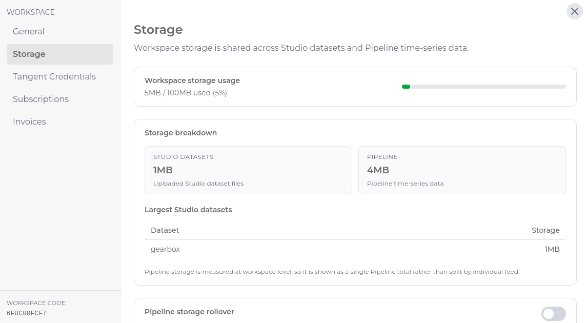 Workspace storage settings showing total storage usage, Studio dataset storage, Pipeline storage, and Pipeline storage rollover.